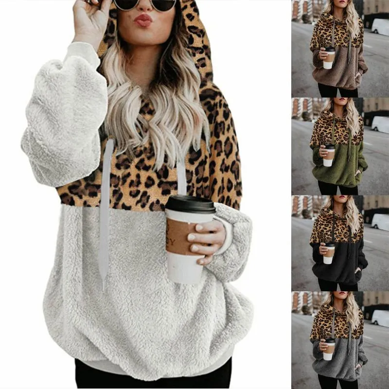 Kvinnorjackor Pocket Winter Warm Wool Cotton Coat Leopard Huva Outwear Sweatshirt Women Fleece Coatswomen's