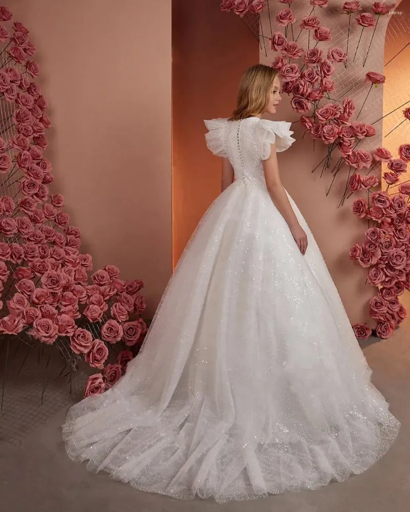 Abiti da ragazza Bianco avorio Principessa Abito da prima comunione Strati glitter Tulle O Collo Maniche ad aletta Fiore da sposa Taglia bambino 1-16T