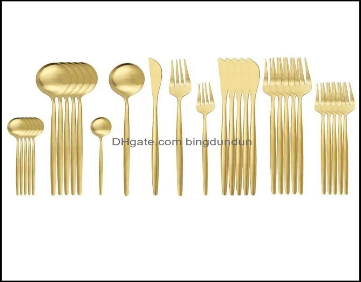 Conjuntos de louça 30pcs Matte Gold Talheres Set Aço Inoxidável Cozinha Talheres Faca Colher Sobremesa Garfo Jantar Talheres Dr Bingdun1940735