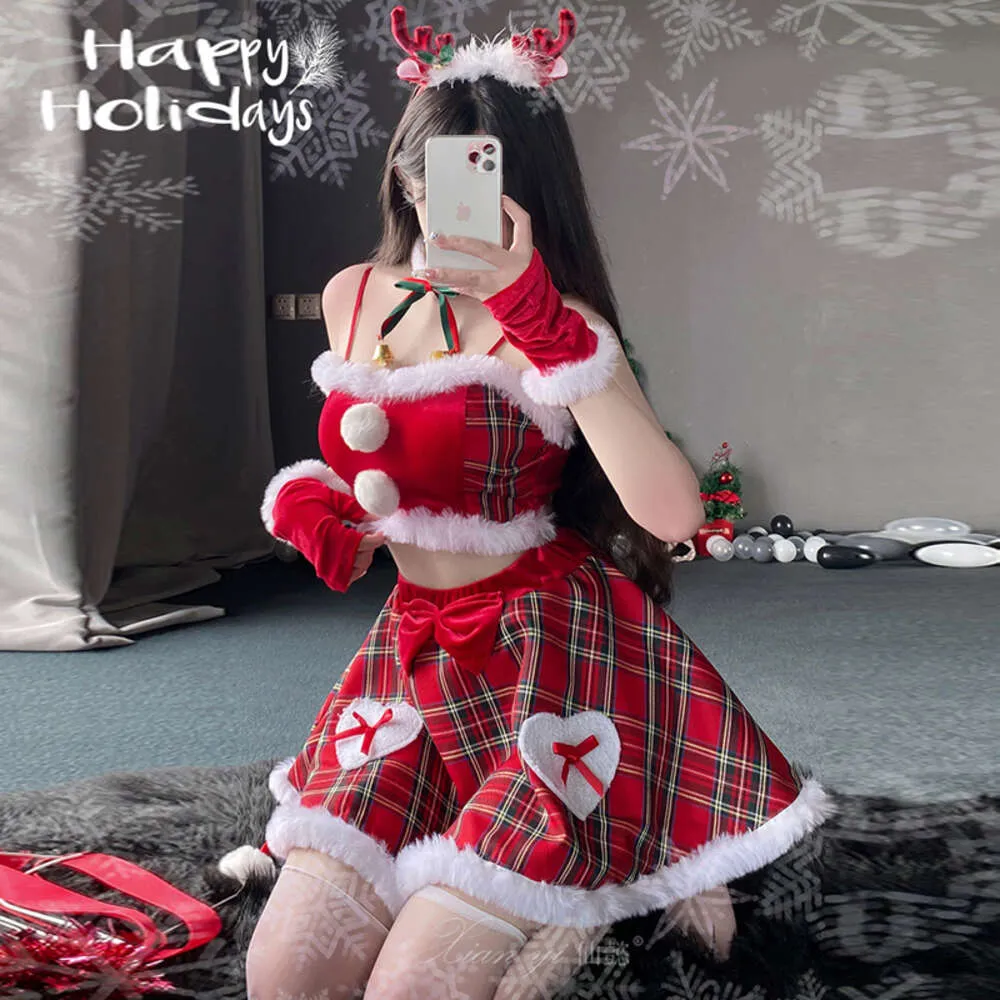 Ani Student Plaid Santa Claus Uniform Cosplay Christmas Women Fluffy Ball Crop Top Skirt Gloves Outfits Costumes cosplay