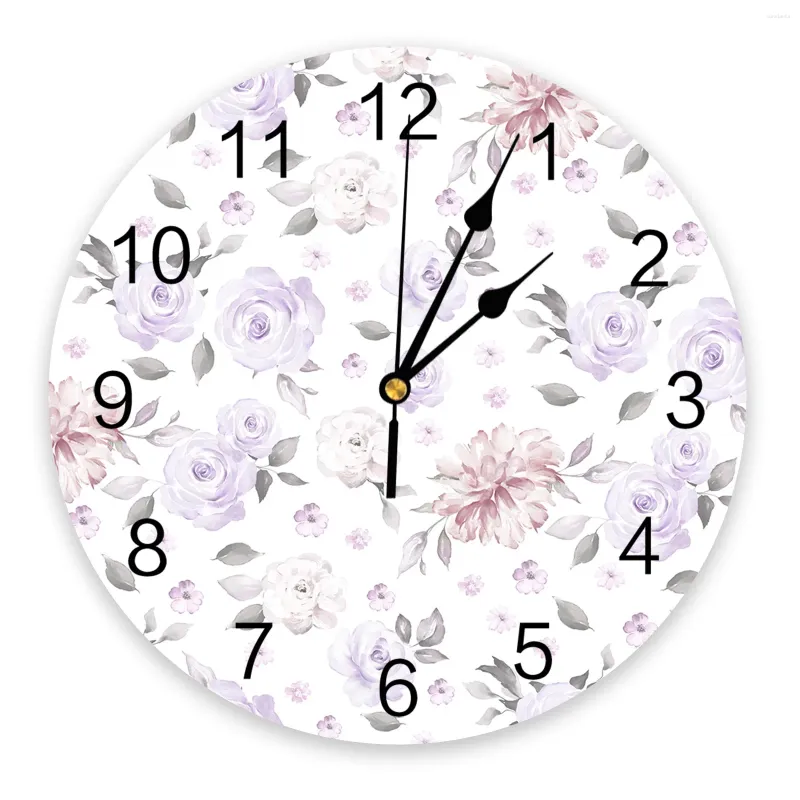 Wall Clocks Watercolor Flower Leaves Lavender Color Clock Modern Design Hanging Watch For Home Decoration Living Room Art