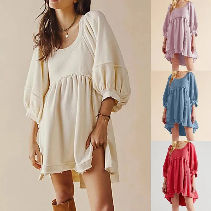 Casual Dresses Solid Color Women Patchwork Dress Drop Shoulder Lantern Sleeve Three Quarter Loose Fit Streetwear Suit