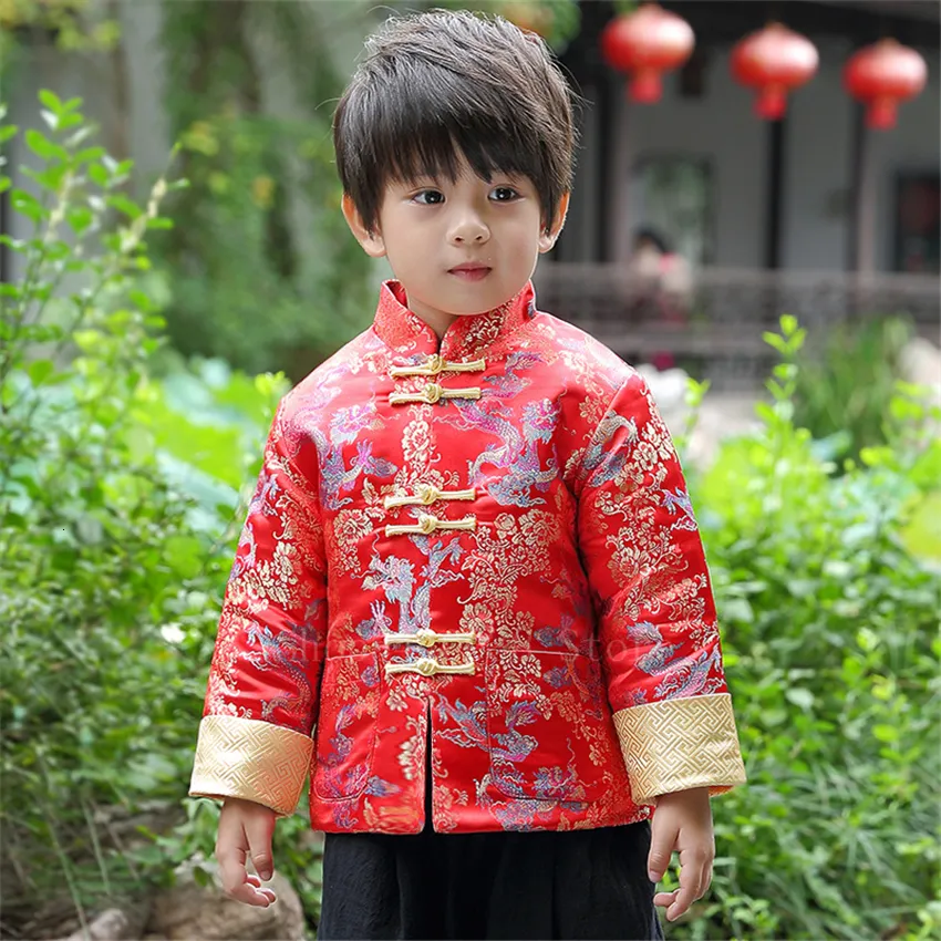 Vêtements ethniques Année Chinois Traditionnel pour Enfants Bébé Garçon Festival Rétro Fantaisie Golden Dragon Imprimé Satin Tang Costume Top Pantalon Ensemble 230331