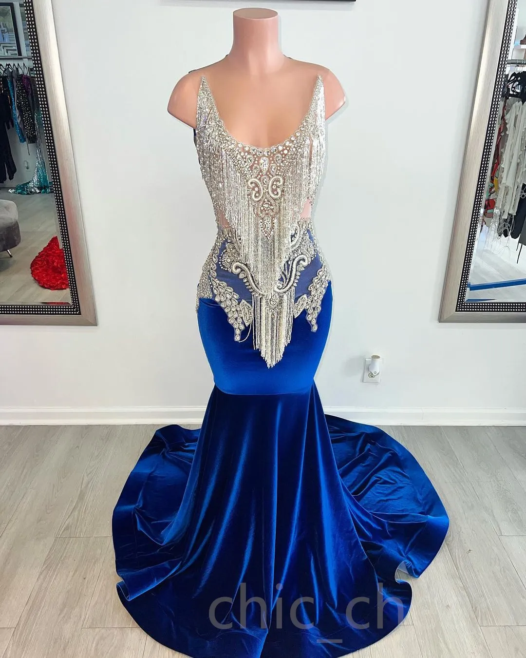 2023 Arabe Aso Ebi Sirène Cristaux Robe De Bal Bleu Royal Soirée Formelle Partie Deuxième Réception Anniversaire Robes De Fiançailles Robes Robe De Soirée ZJ2065