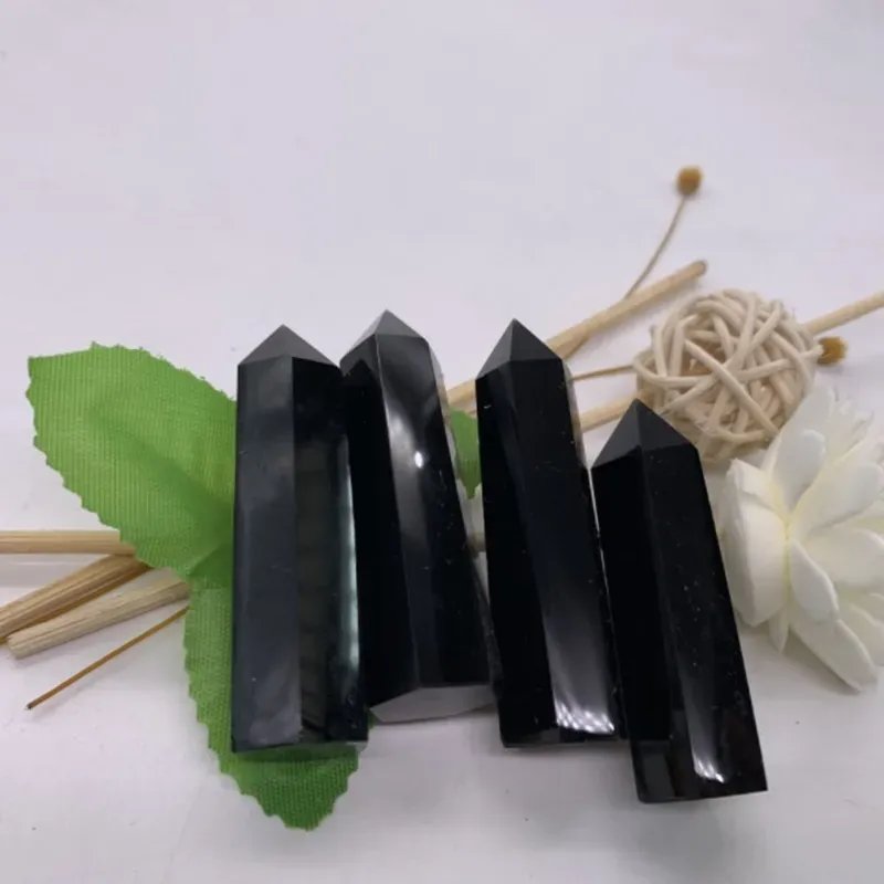 Obsidiana natural Cuarzo Cristal negro Torre piedra Artes Mineral Chakra Curación varitas Reiki Energía piedra seis lados Punto varita mágica áspera ZZ