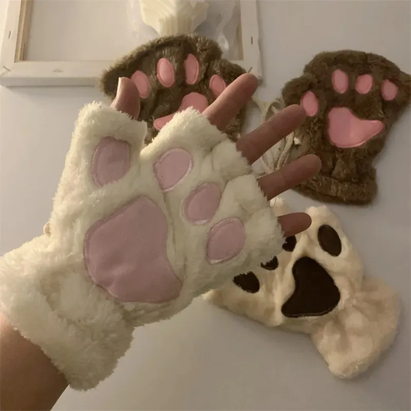 Vijf Vingers Handschoenen Kawaii Vrouwen Kat Mode Meisjes Klauw Poot Pluche Wanten Warme Zachte Korte Vingerloze Halve Vinger Winter 231101