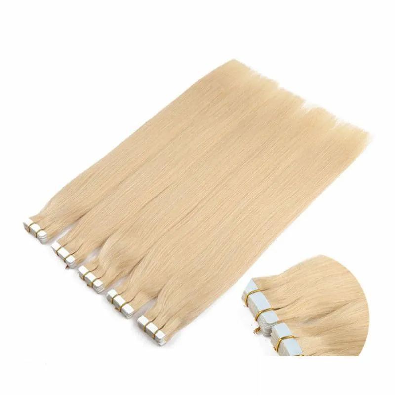 Hud Weft Hårförlängning Double DN Hud Weft Human Hair 16 22 tum Invisible Silkesy Straight Blonde Tape On Remy Extensions 200 Grams Lot Dheks