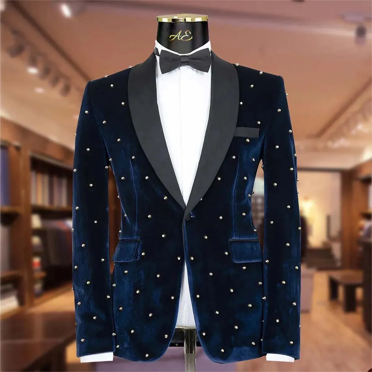 Marineblauer Hochzeits-Smoking aus Samt mit Strasssteinen, 2-teiliges Set, Schalkragen-Blazer, formeller Anzug mit einem Knopf, Jacke und Hose