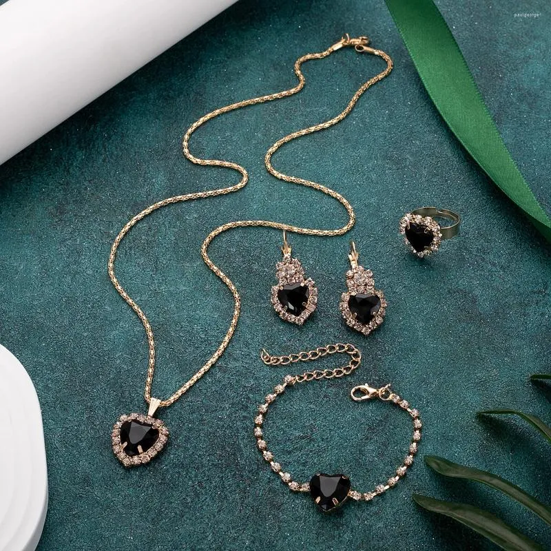 Necklace Earrings Set Jewdy Trendy Charm Stud Ring Bracelet For Women Fashion Rhinestone Female Crystal Zircon Heart Jewelry
