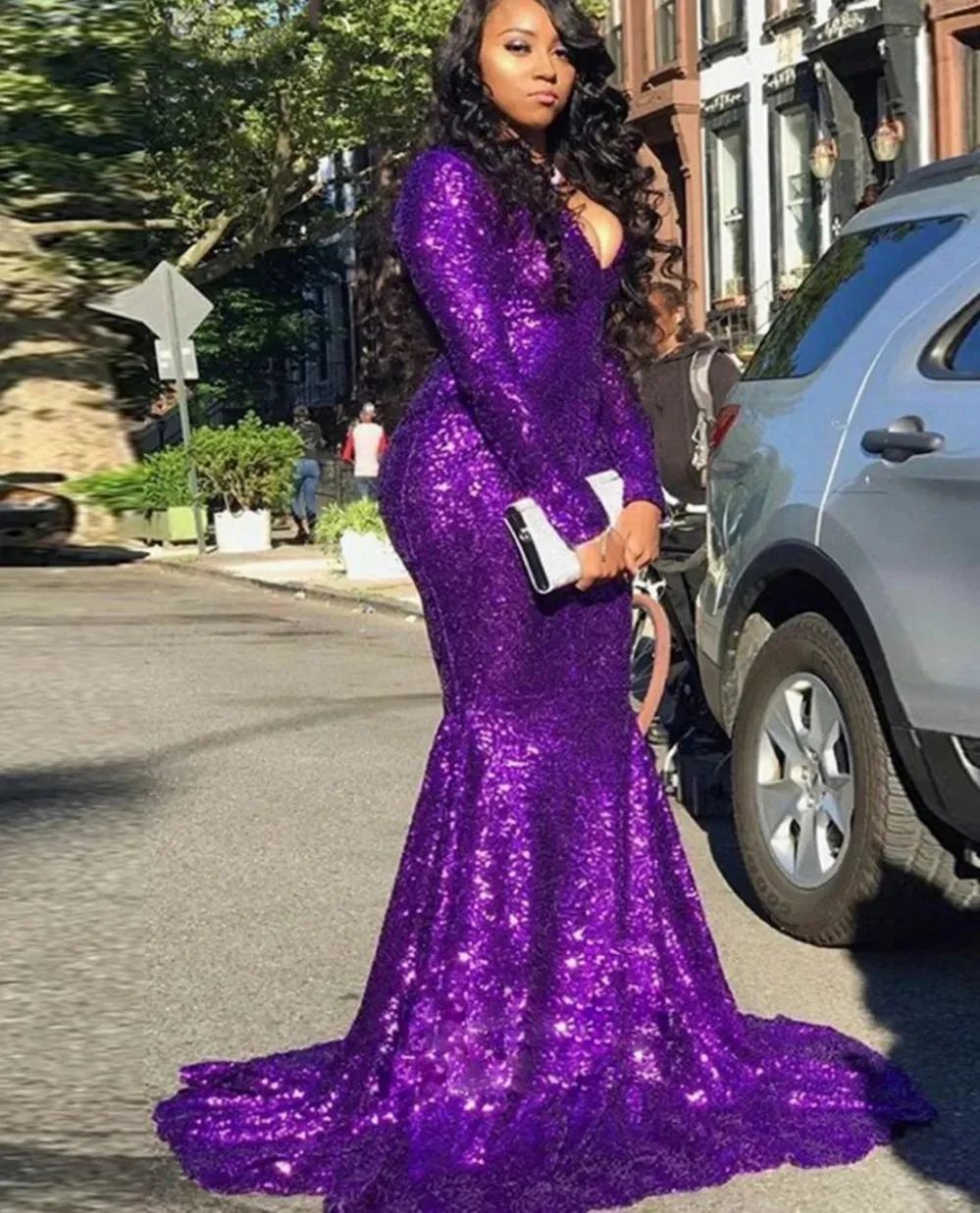 2024 Glitter Sequin Mermaid Sparkly Evening Gown With V Neck And Long Purple Sleeves For Women Perfect For Formal Events Proms Birthdays And Parties Available In Plus Sizes From Donnaweddingdress17 87...