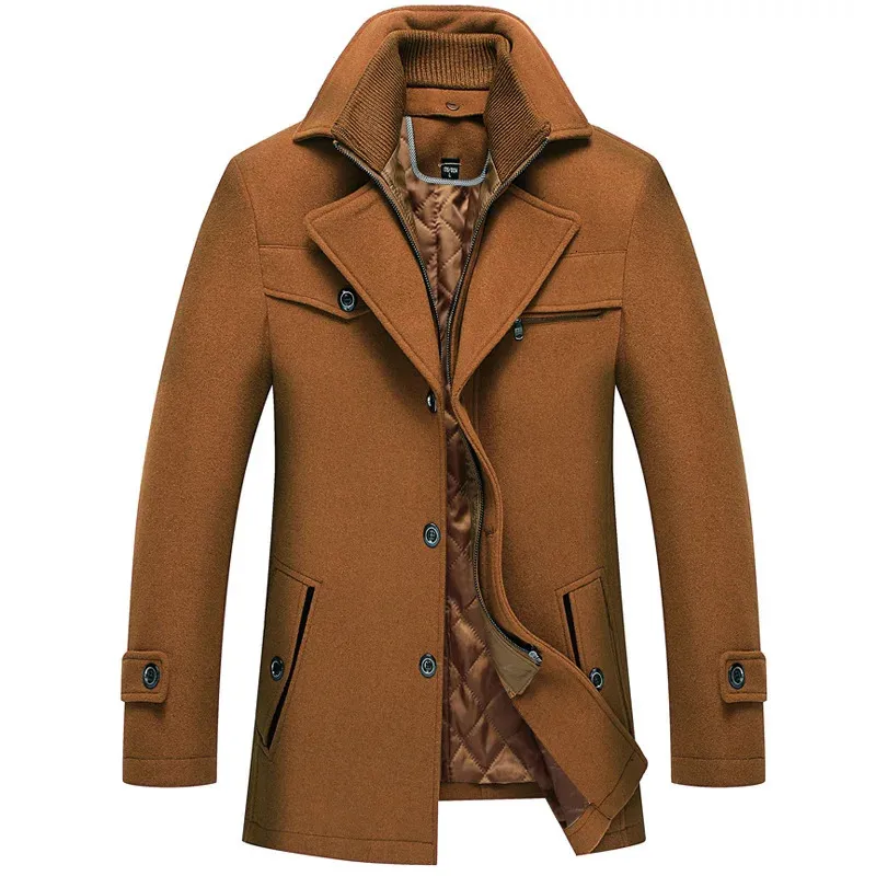 Herren Wollmischungen Brother Wang 2023 Winter Herren Dicke warme Wolljacke Doppelkragen Mode Lässig Slim Rotwein Trenchcoat Männlich Markenmantel 231101