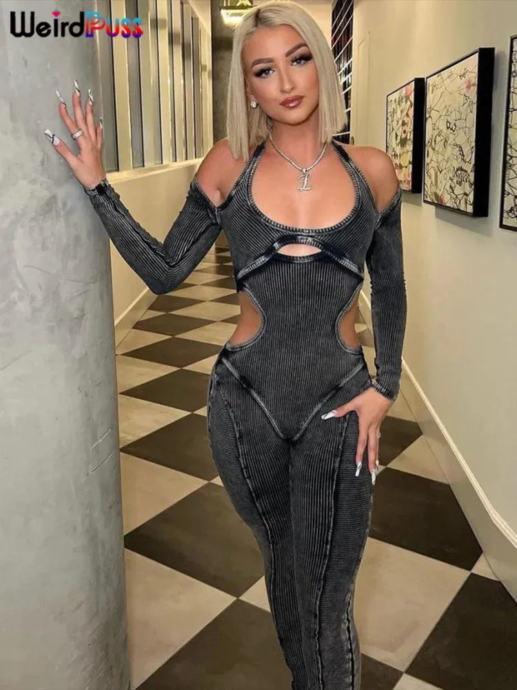 Kvinnor s två bitar byxor konstiga puss ribbed halter jumpsuit kvinnor midjefri avslappnad tät mjuk långärmad skinny elastisk aktivitet hipster fitness overall 231101