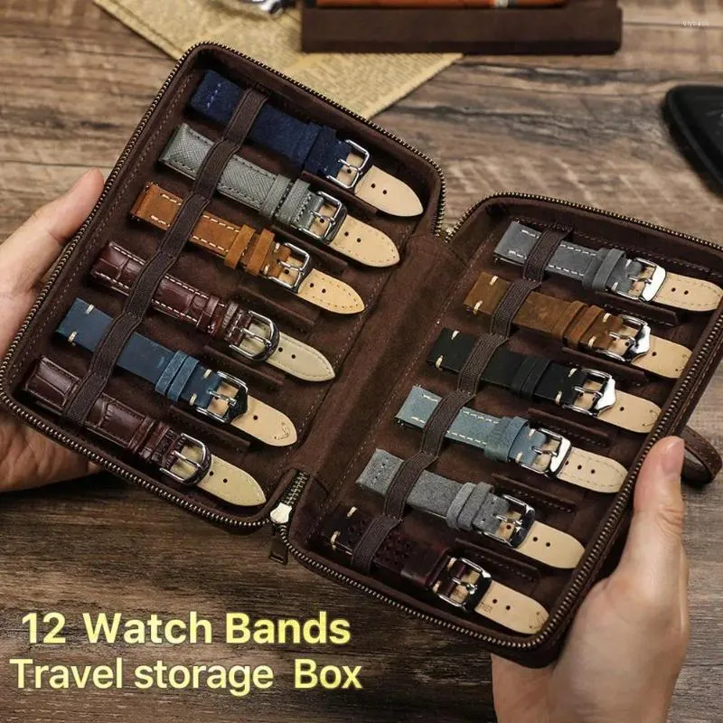 Cajas para relojes, funda con correa de cuero Vintage, bolsa organizadora, correa de transporte, correa de reloj de viaje, caja de almacenamiento portátil hecha a mano D9D0