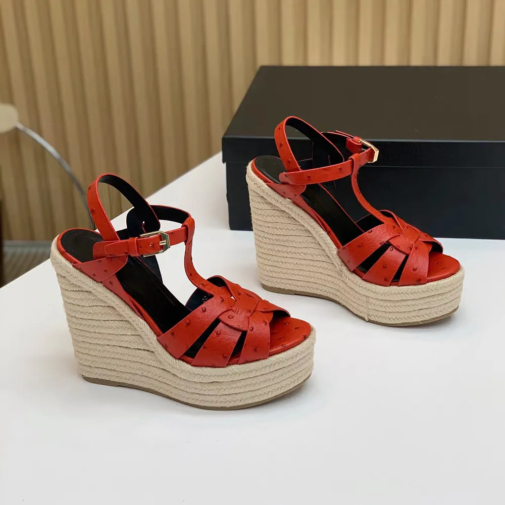 rep gjord av hampa Woven Wedge Sandaler superhöga platform pumps klackar Tofflor klackskor dam lyx Strutskinn kväll sexiga skor 12,5cm Espadrille Sandal