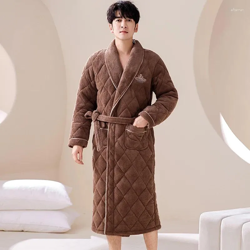 Мужская одежда для сна, утепленная трехслойная хлопковая пижама с прослойками, кардиган с лацканами, домашняя одежда, халат