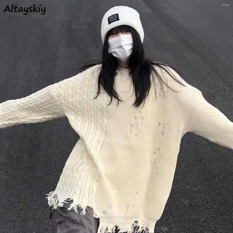 Women's Sweaters Basic Loose Pullovers Women Winter Simple Frayed Hole Designed Unisex Streetwear Harajuku Y2k Cozy Pure Ulzzang BF