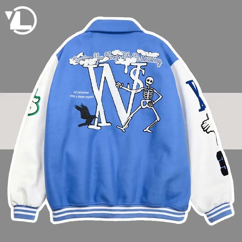 Jaquetas masculinas esqueleto reunindo jaqueta de beisebol homens mulheres azul hip hop streetwear retalhos varsity solto bombardeiro casacos unisex 231031