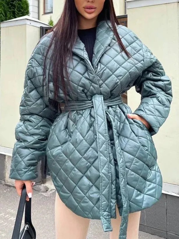 Kvinnor Down Parkas Long Plaid Parka Vinter vadderad jacka med bälte elegant aprikos smal varm bomull quiltad kappa för kvinnor bombplan jackor 231031