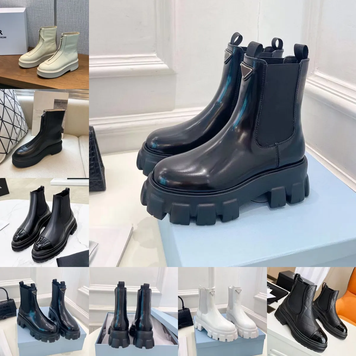 Martin Boots Cuir de vachette verni Bottines en cuir à carreaux épais talon bas Botte Chelsea bout rond bottillons à enfiler chaussures de créateur de luxe chaussures d'usine