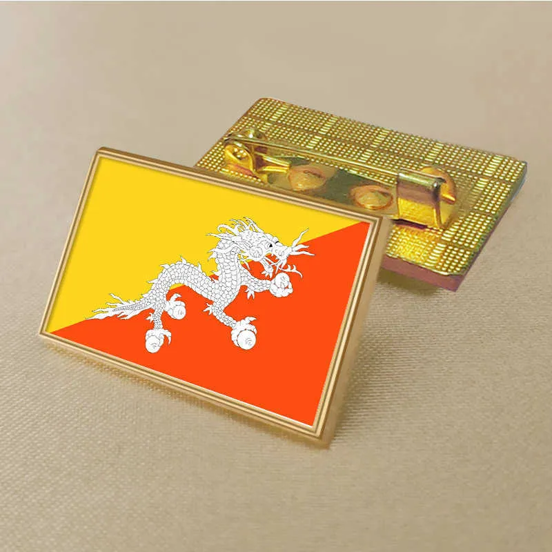 Partei-Bhutan-Flaggen-Anstecknadel 2,5 * 1,5 cm, Zinklegierung, druckgegossenes PVC, farbbeschichtet, goldfarbenes, rechteckiges Medaillon-Abzeichen ohne Harzzusatz