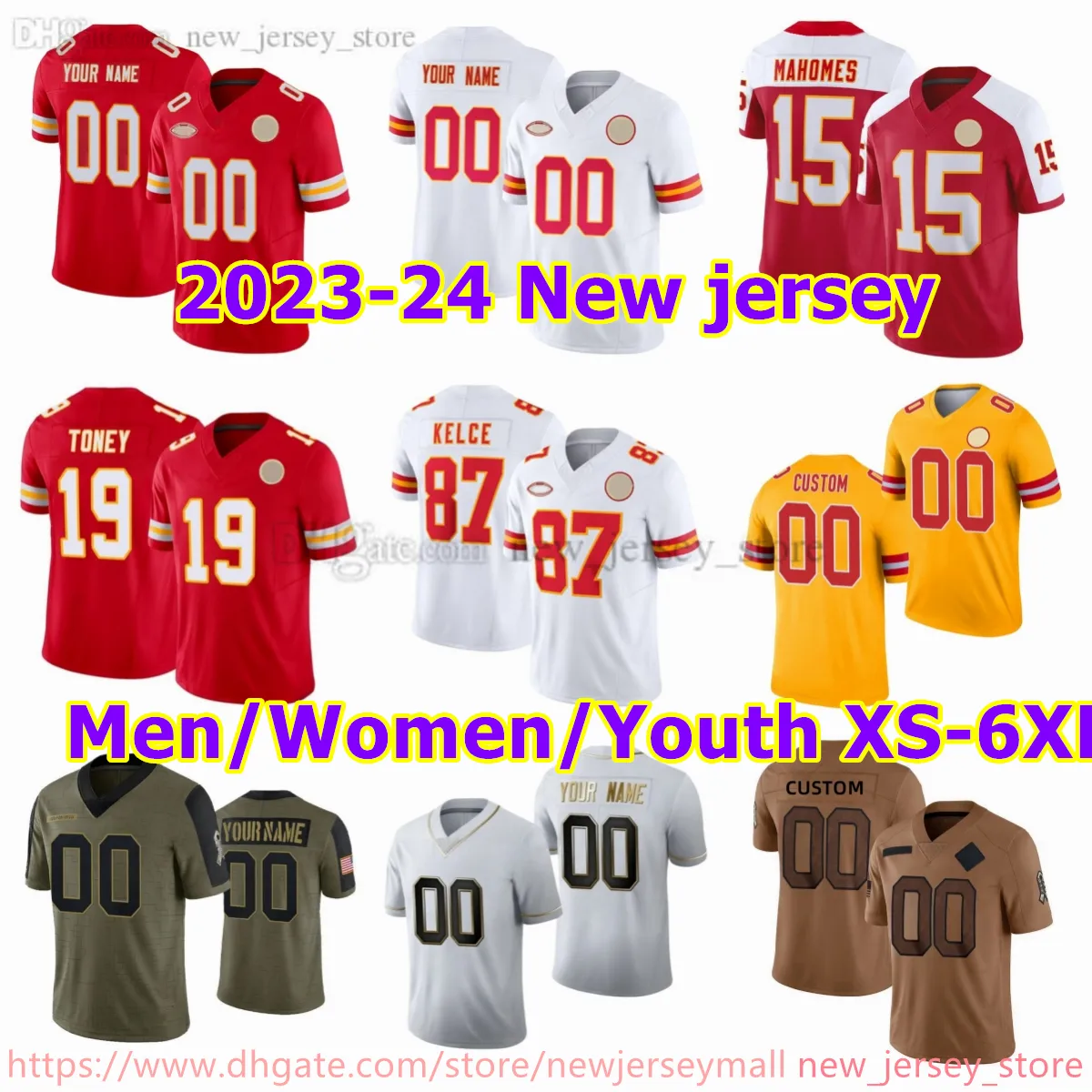 Aangepaste S-6XL DIY 15 Patrick Mahomes voetbalshirt 87 Travis Kelce 25 Clyde Edwards-Helaire 10 Isiah Pacheco 32 Nick Bolton 97 Felix Anudike-Uzomah 58 Derrick Thomas