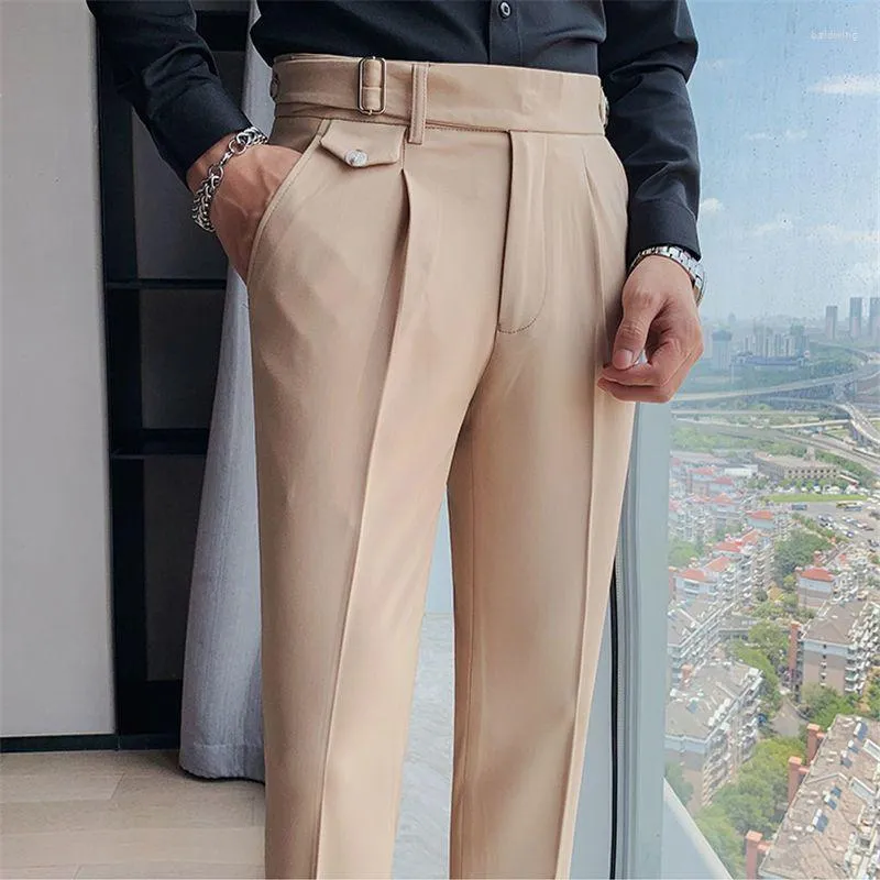 Ternos masculinos Estilo britânico Verão Summer Solid High Waltepers Men Calça formal 2023 Qualidade Slim Fit Business Casual Suit H120