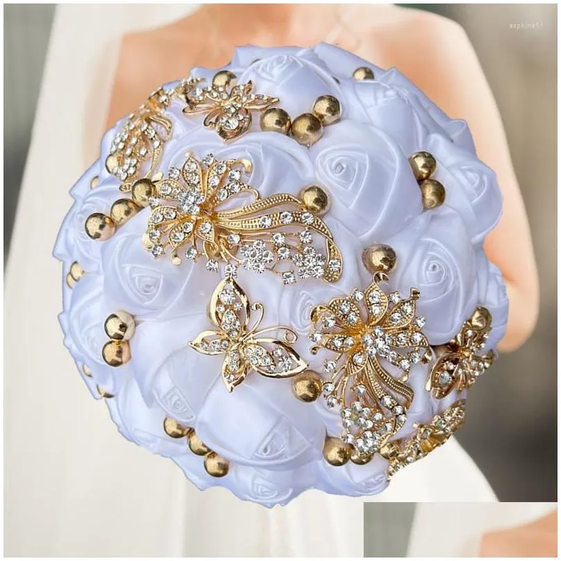 Decorative Flowers Wreaths Decorative Flowers High Quality Whhite Silk Bouquet Butterfly Sier Diamond Wedding Bridal Romantic Mariag Dhcb1