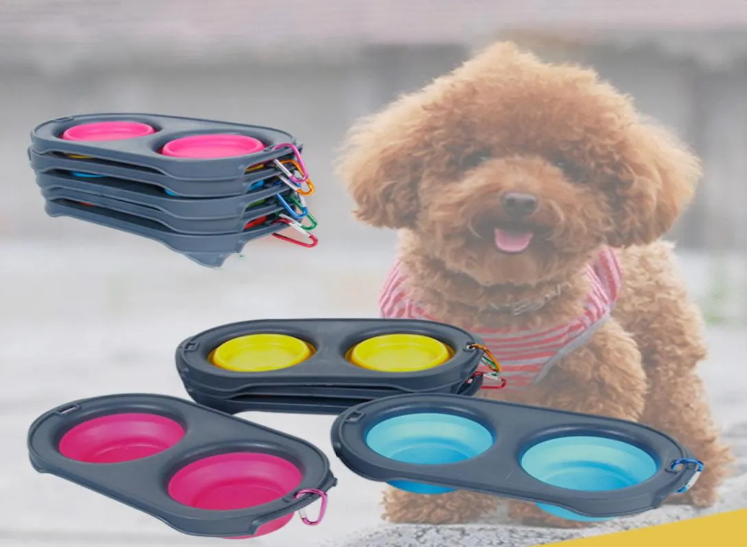 Travel Easy To Carry Dog Feeders Folding Bowl Dualuse Silicone Double Basin Pet Supplies Cat Food Nonslip Eating Utensils6413083