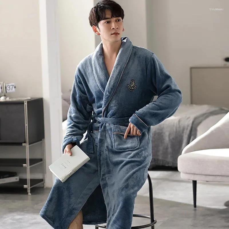 Men's Sleepwear Mens Long Bath Robe Warm Flannel Coral Fleece Kimono Bathrobe Male Dressing Gown Robes Pijamas Hombre