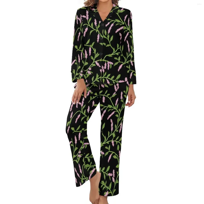 Ropa de dormir para mujer, pijamas con estampado Floral rosa, conjuntos de pijama Retro de dos piezas con hojas verdes de otoño, personalizado de hogar de manga larga con cuello en V