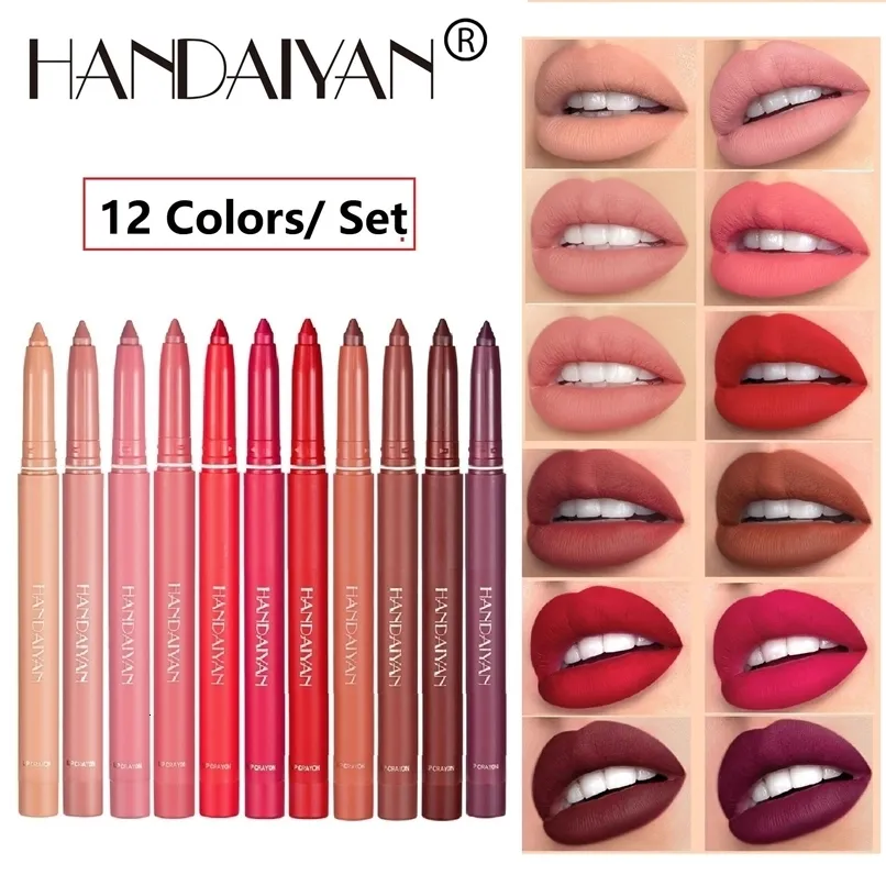 Lápices de labios 12PCS HANDAIYAN Matte Lip Liner Velvet Nude Lipliner Pen Lápiz labial de larga duración Lápiz labial rojo marrón Cosméticos femeninos Maquillaje 231031