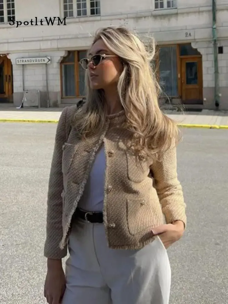 Элегантные короткие пальто с круглым вырезом из двух частей, модные однобортные куртки с длинными рукавами и карманами, укороченная куртка с потертостями 2023, осенняя женская уличная одежда 231031