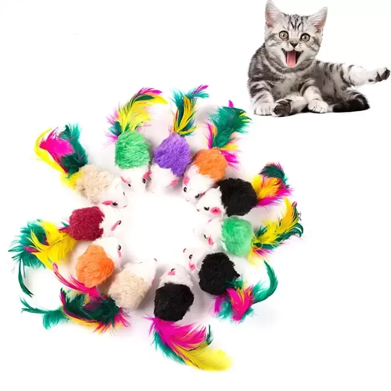 Simpatico mini morbido pile falso topo gatto giocattoli piuma colorata divertente giocare giocattoli di addestramento per gatti gattino cucciolo forniture per animali all'ingrosso