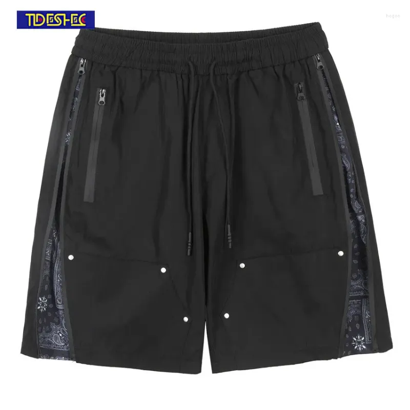 Mäns shorts avslappnad elastisk midja blixtlåsficka halvbyxa herr mode hip hop sportkläder korta män streetwear löst dragsko