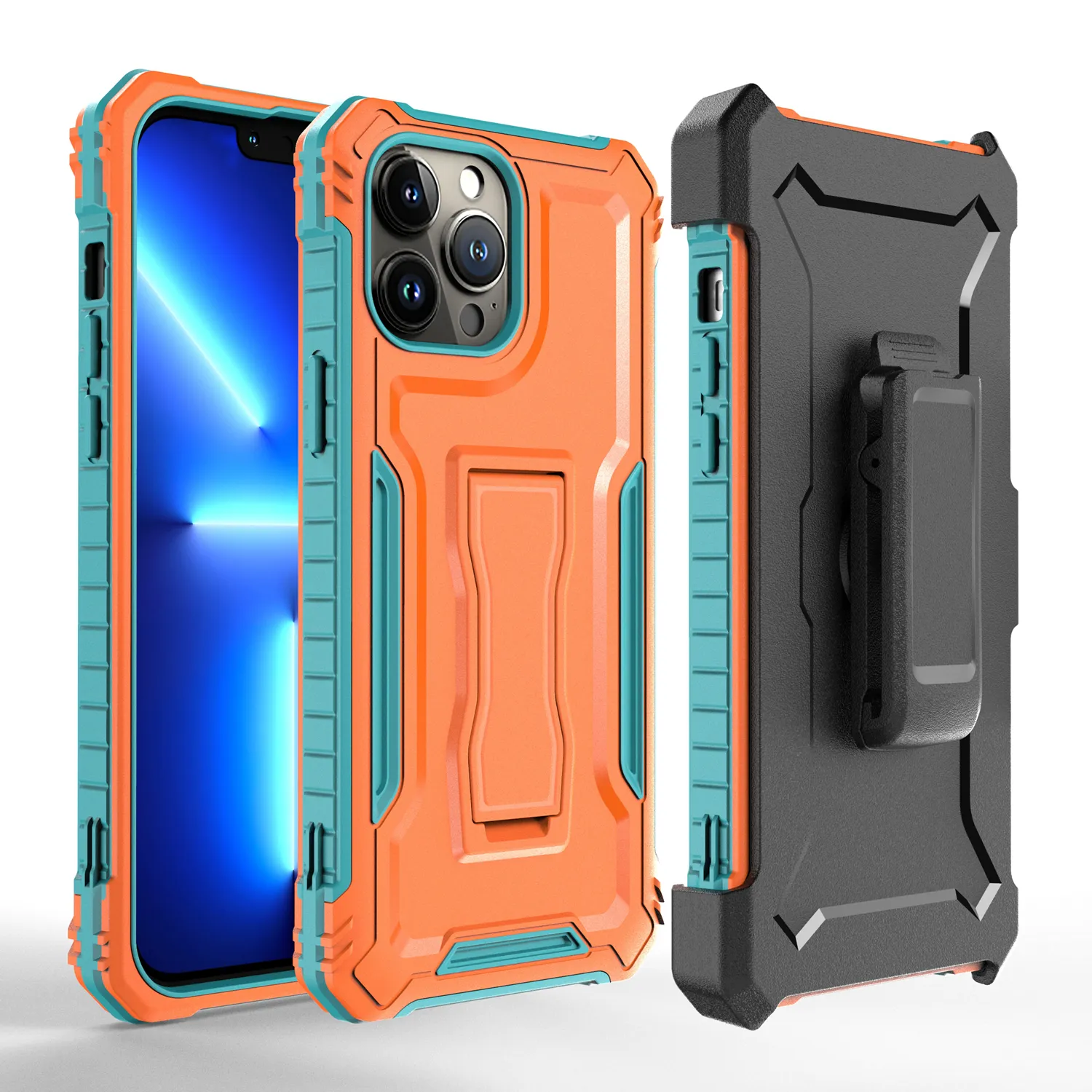 Coques de téléphone hybrides 3 en 1 avec béquille pour iPhone 15Pro 15Plus 15 11 Pro Max XS Max XR 8 7 6 Coque antichoc résistante et durable avec support clip ceinture Aqua