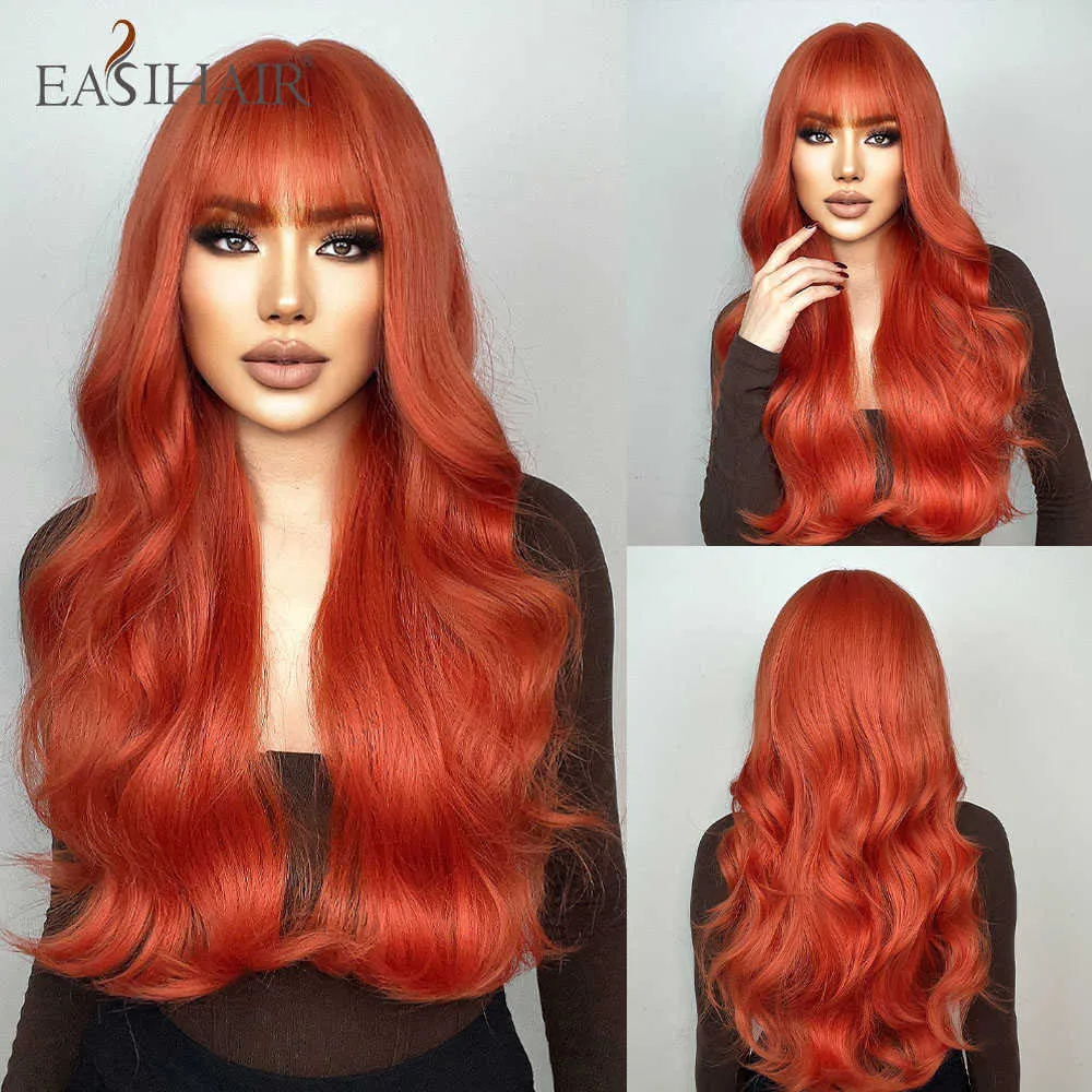 Synthetic Wigs Easihair Long Wavy Orange Red Synthetic Wigs with Bangs for Women Cosplay Christmas Natural Hair Heat Resistant Fiber 230227