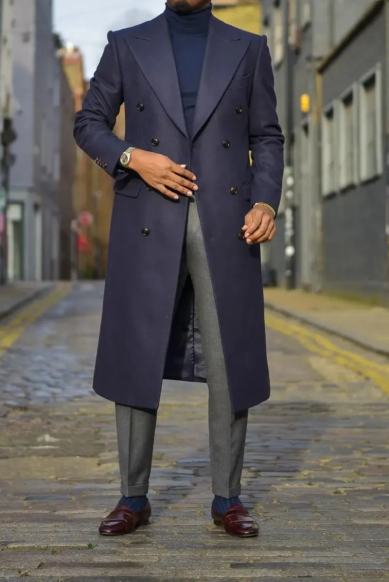 Navy Blue Double Breasted Suit Blazer For Men Chic Long Jacket