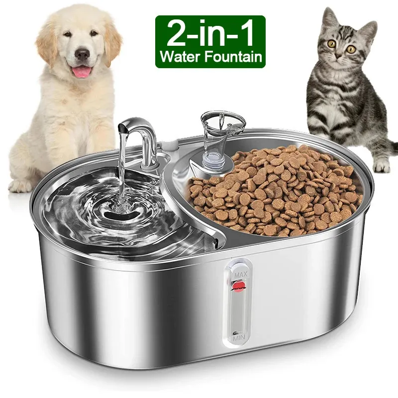 Alimentadores de bacias de gato fonte de água 3l grande capacidade pet gatos dispensador de aço inoxidável alimentador 2in1 alimentação potável para cão 231031