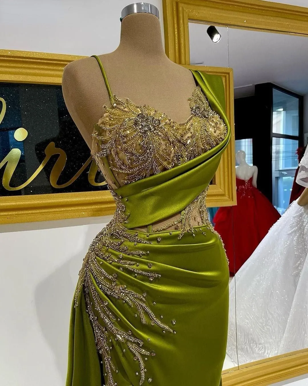 Arabic Aso Ebi Olive Green Elegant Satin Mermaid Prom Dresses Gorgeous Crystals Beading Ruched Formal Evening Gowns Ruched Sexy Split Second Reception Dress