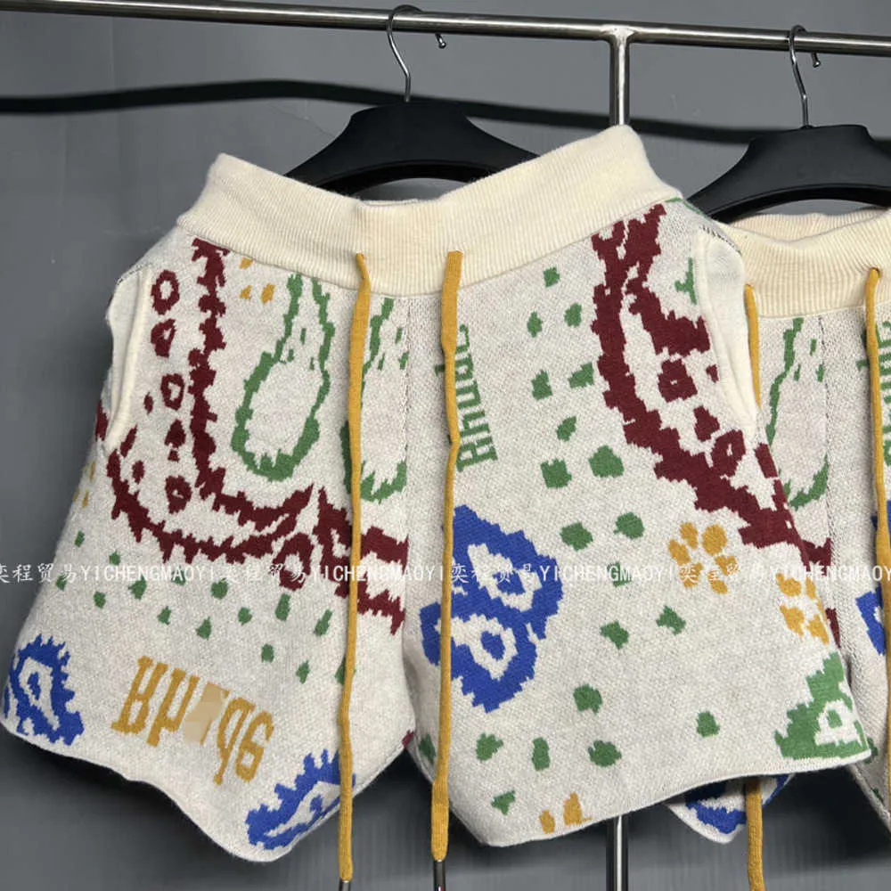 Herrbyxor Rhude Shorts Designer Short Mesh Mens andningsbara midja Blomma Jacquard Letter Drawstring Wool Sticked Casual Retros Män LPMS201