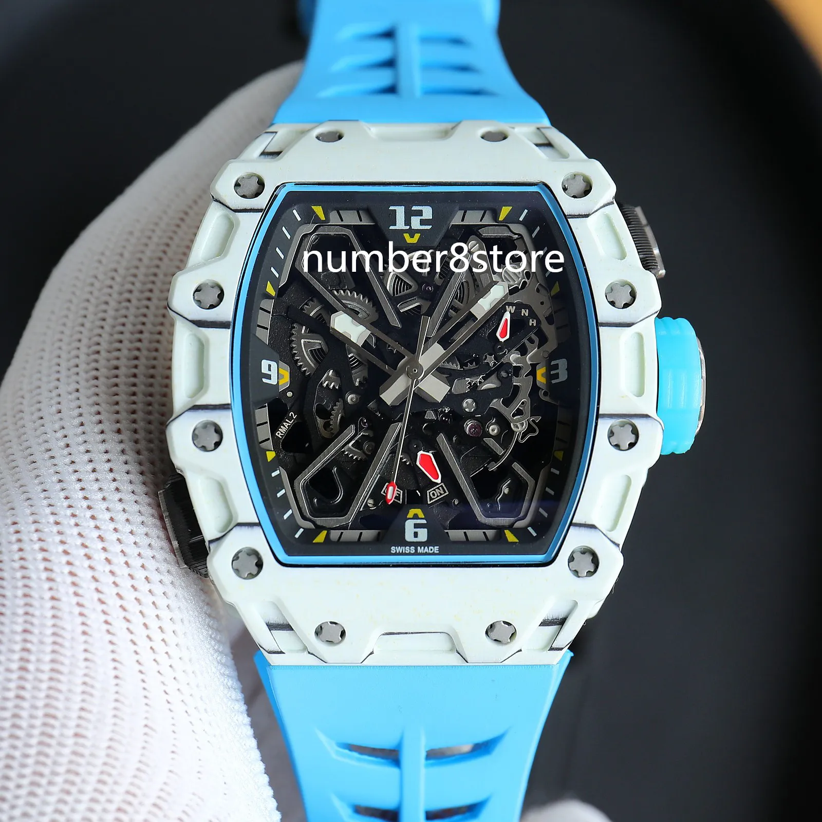 RM35-03 Белые углеродистые кварцевые TPT Мужские часы с автоматическим заводом Роскошные синие спортивные часы Скелетонный циферблат Швейцарские наручные часы Tonneau С сапфировым стеклом Водонепроницаемые