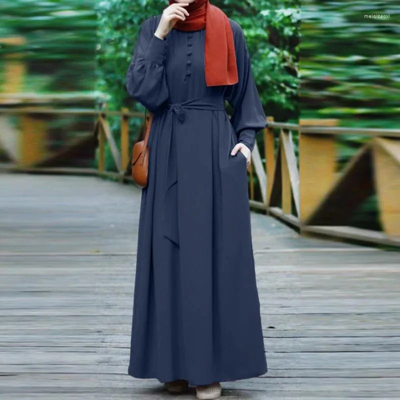 Roupas étnicas Abaya para Mulheres Ramadã Islâmico com Cinto 2023 Outono Vestidos Longos Mulheres Cor Sólida Colagem Muçulmana
