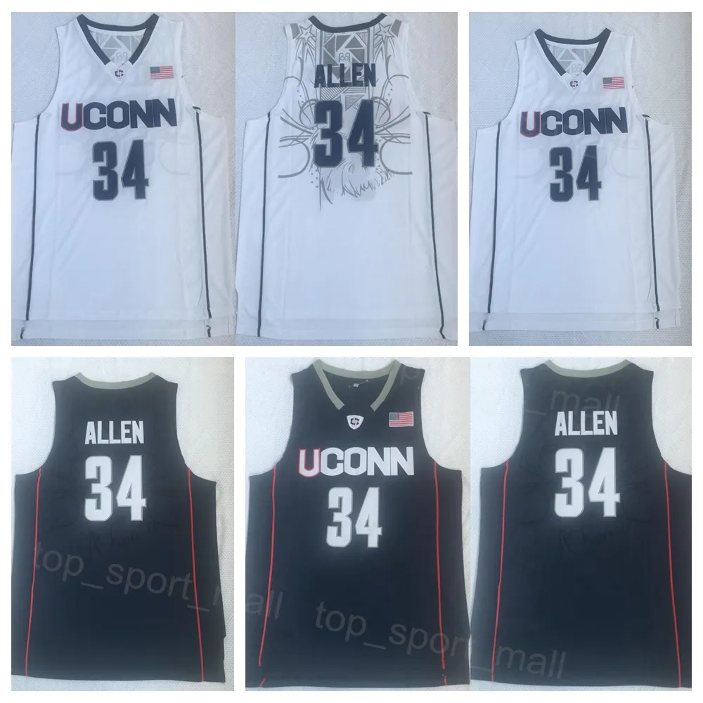 Mens Ray Allen College Jersey 34 Uconn Huskies Basketball University Shirt Team Navy Blue White Color for Sport Fans Breathable Pure Cotton