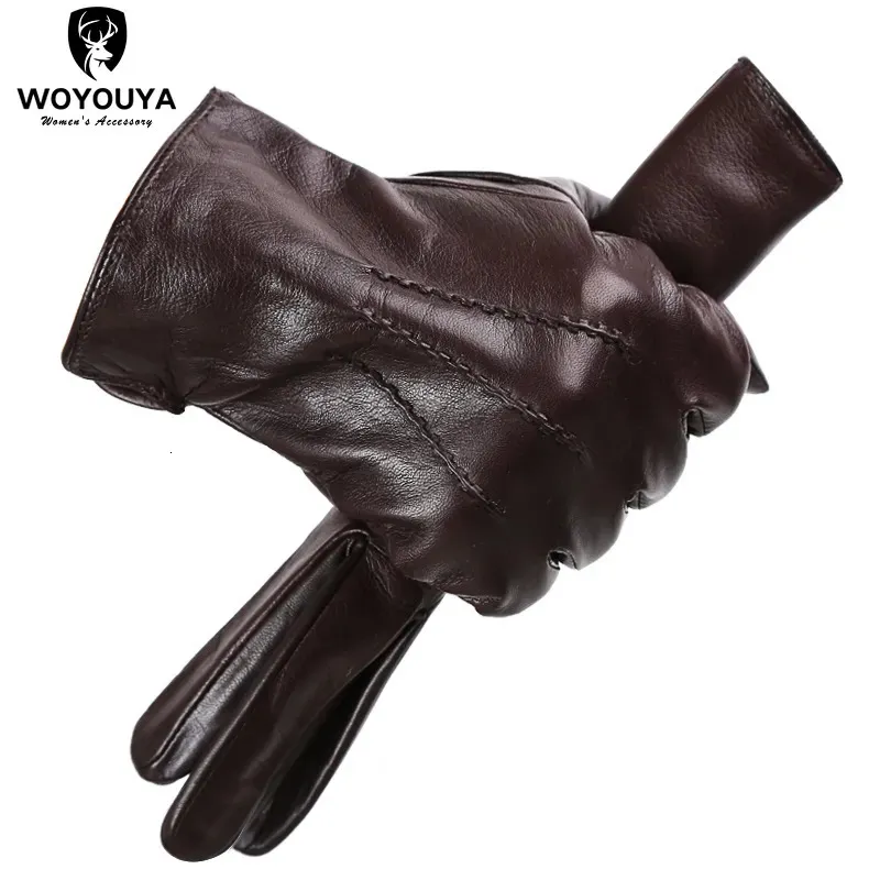 Cinco dedos luvas confortáveis mantenha luvas quentes masculino inverno água ondulação design pele de carneiro luvas masculinas de couro preto luvas-8001Y 231031