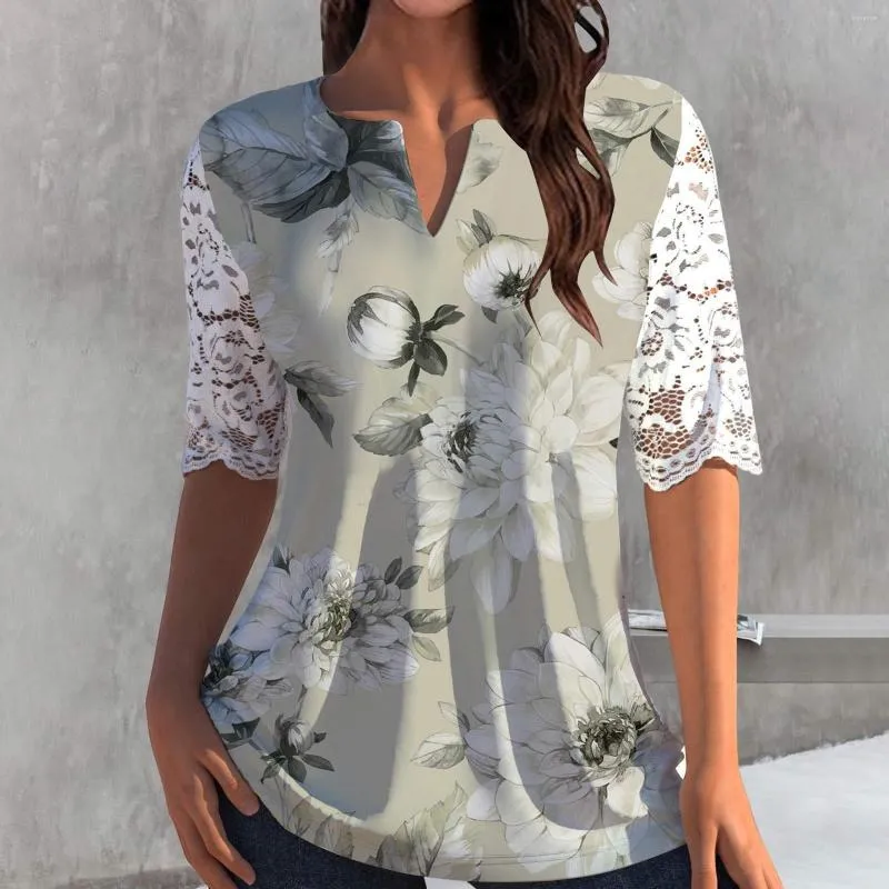 Women's Blouses Women Lace Tops Shirt Trendy Sexy See Through Mesh Short Sleeve V Neck Casual Fitted Tunic Polyester Long Blouse
