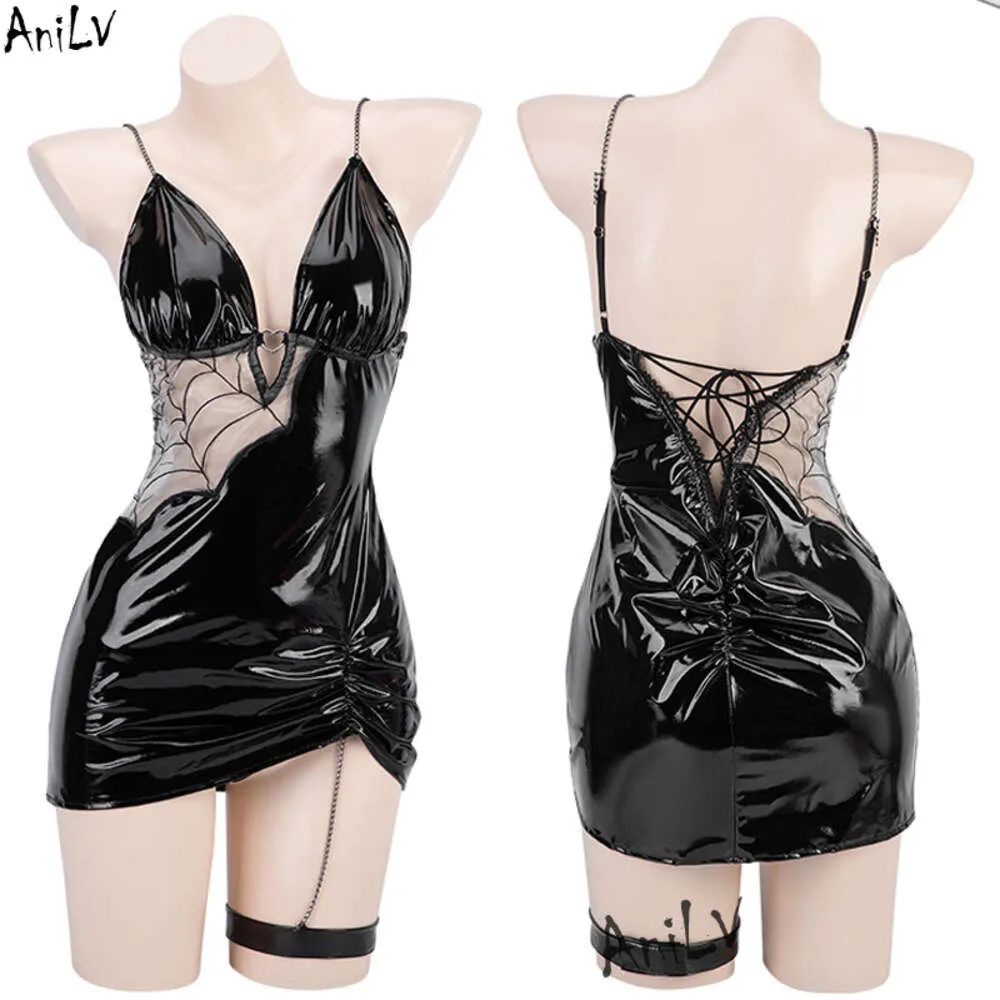 Ani Halloween Night Spider Web Hollow Leather V-neck Dress Cosplay Carnival Women Devil Demon Uniform Outfits Costumes cosplay