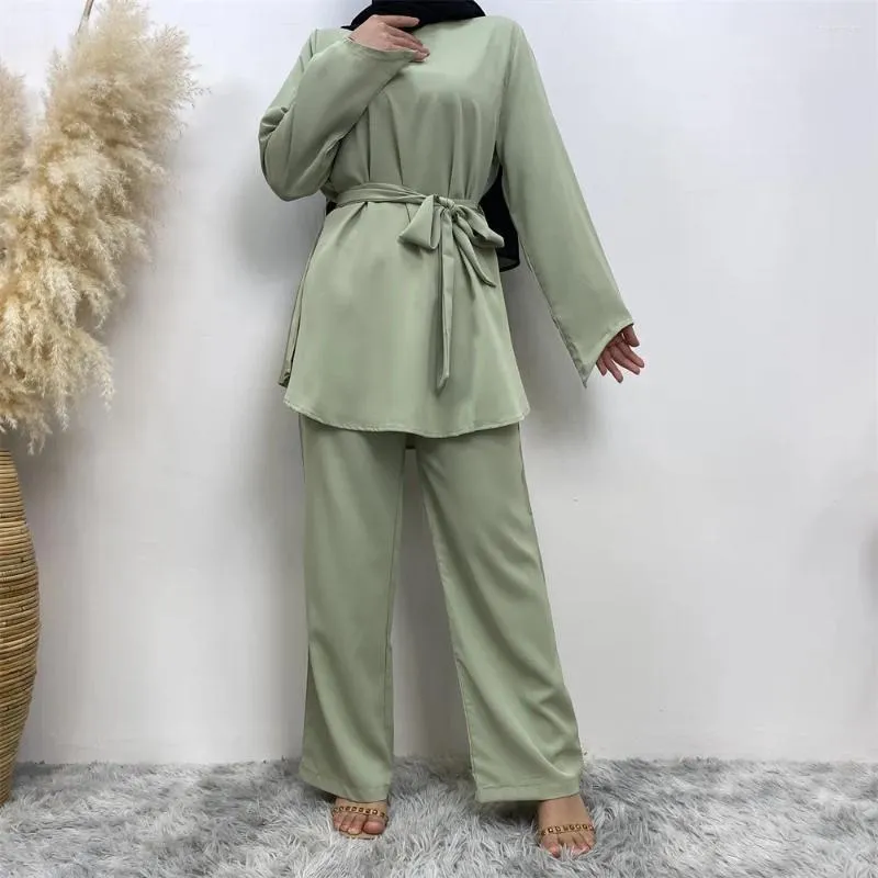 Roupas étnicas Muçulmano 2 Peça Set Mulheres Abaya Dubai Manga Longa Tops Calças Largas Kaftan Paquistão Turquia Oração Africana Terno Islâmico