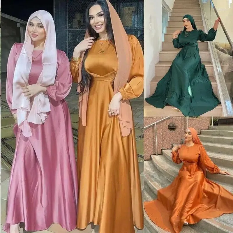 Ubranie etniczne 2023 Kobiety satynowe szatę wieczorną imprezę długą sukienkę Dubai moda koronkowa sukienka z paski muzułmańskie abaya kaftan vestidos