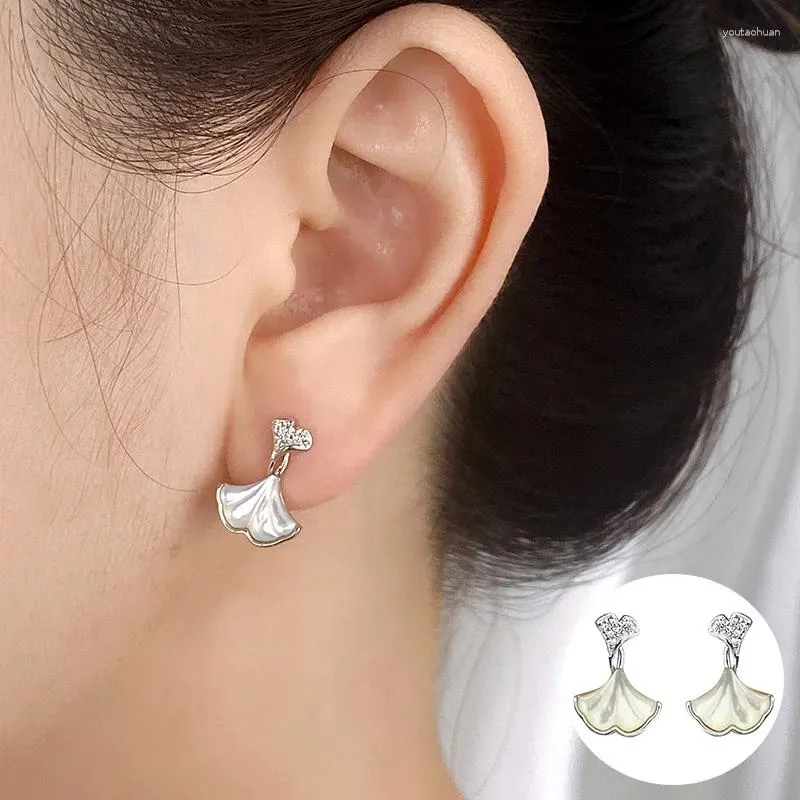 Stud Earrings 925 Sterling Silver Shell Ginkgo For Women Girl Zircon Cute Plant Leaf Design Jewelry Birthday Gift Drop