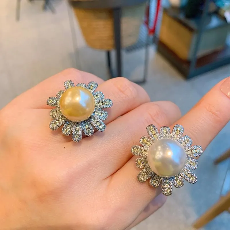 Anéis de cluster branco pérola conjunto zircon aberto ajustável casal anel moda floco de neve girassol para mulheres jóias presente gota